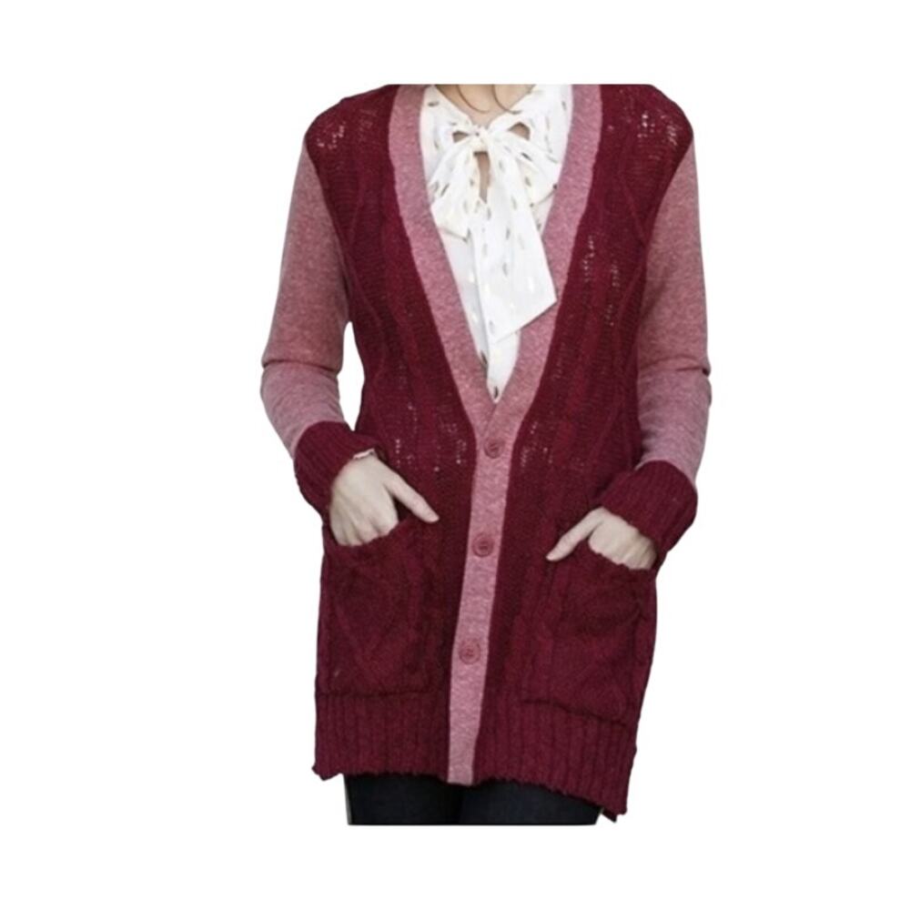 Evys Tree Chloe Crimson Longline Cable Knit Pocket Cardigan Women’s XS
